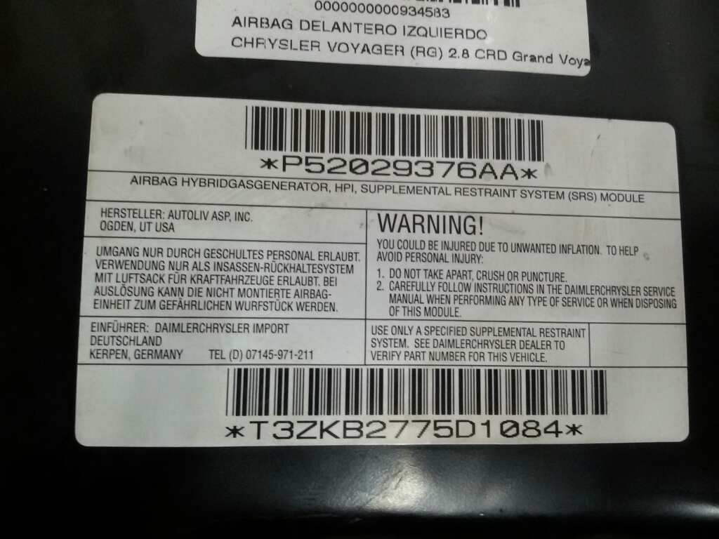 Airbag Driver P52029376AA CHRYSLER, VOYAGER IV (RG, RS) 2.8 CRD(5 ...