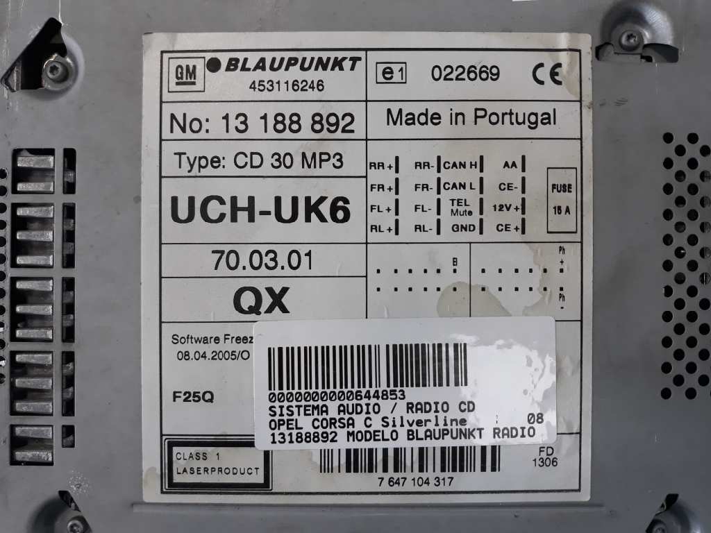 Radio 13188892 OPEL, CORSA C (X01) 1.3 CDTI (F08, F68)